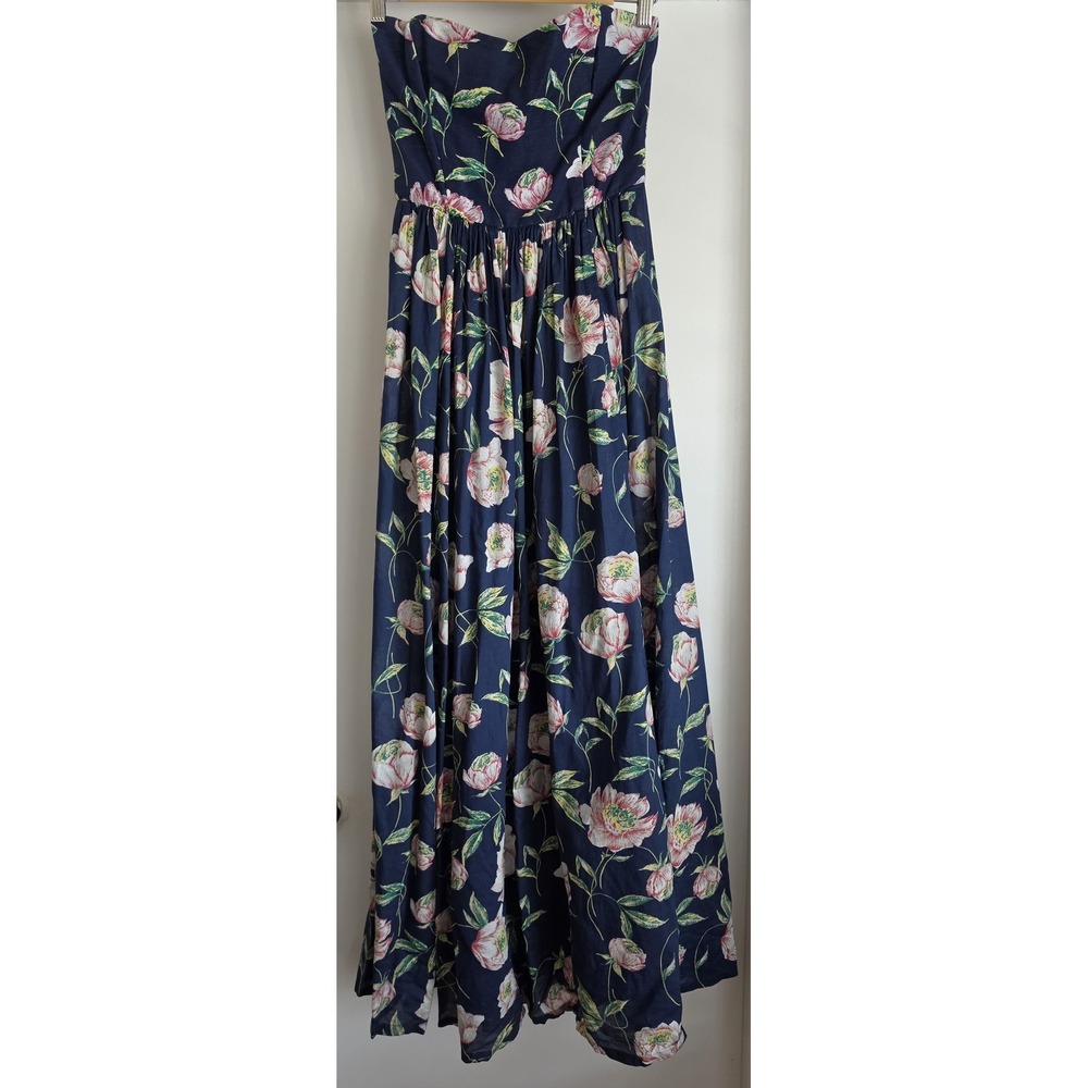 French Connection Strapless Maxi Dress 2 Floral Navy Cotton Gown Wedding Guest - Picture 1 of 7